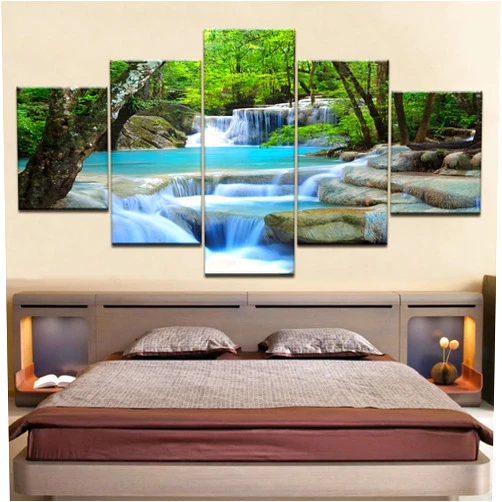 ASATTI 5 Piece Modern Canvas Prints Artwork Waterfall Green River Trees Forests Rocks Nature Landscape HD Paintings For Home Living Room Bedroom Office Decoration Gift Framed Artwork Ready To Hang
