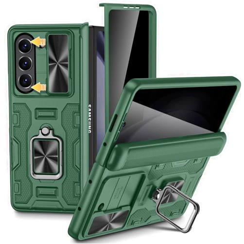 VEGO for Samsung Galaxy Z Fold 5 Case with Hinge Protection Full-Body Case Built-in Privacy Screen Protector, Slide Lens Cover, Magnetic Ring Stand, Shockproof Phone Case for Galaxy Fold 5 - Green
