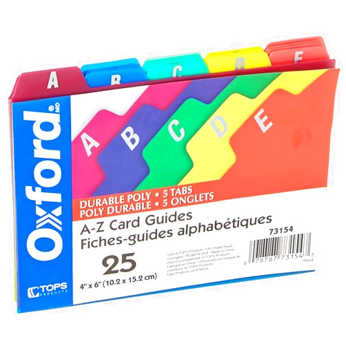 Oxford Poly Index Card Guides, Alphabetical, A-Z, Assorted Colors, 4