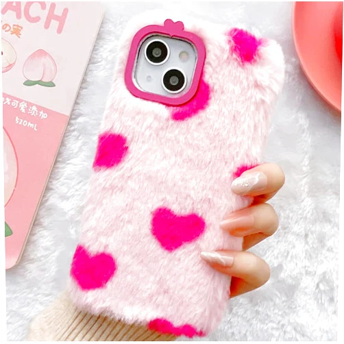 HPHRE Fuzzy Fluffy Hearts Case Compatible with iPhone 14 Pro Max - Cute Furry Plush Rabbit Fur Heart Print Phone Cases for Girls Women Winter Warm Soft Back Shockproof Protective Cover, 6.7 inch
