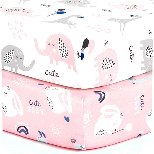 BROLEX Pack n Play Sheets, BROLEX 2 Pack Mini Crib Sheets,Stretchy Portable Fitted Playard Sheet Set, Convertible Playard Mattress Cover,Ultra Soft Breathable Material,Elephant Rabbit