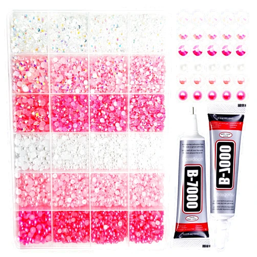 Spaidoon Pink Rhinestones for Crafting, Mixed 3mm 4mm 5mm, Flat Back Pink Half Pearls for Crafting, Clothes, Shoes, Nails, Bulk Resin Craft Rhinestones for Bedazzling with B7000 Glue