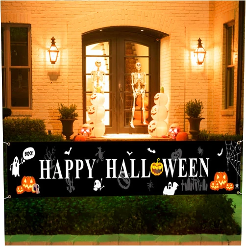Racenaf Large Happy Halloween Banner Halloween Decorations - Black and White Halloween Yard Sign Backdrop Hanging Decorations for Indoor Outdoor Halloween Party Supplies(9.8x2ft)