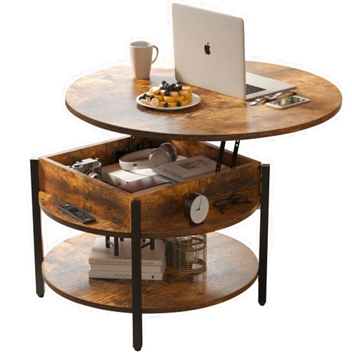 FABATO Round Lift Top Coffee Table with Storage and Hidden Compartment, 26.77'' Farmhouse Coffee Table for Living Room Reception Room, 2 Tier Small Round Coffee Table Circle Dining Table, Rustic Brown