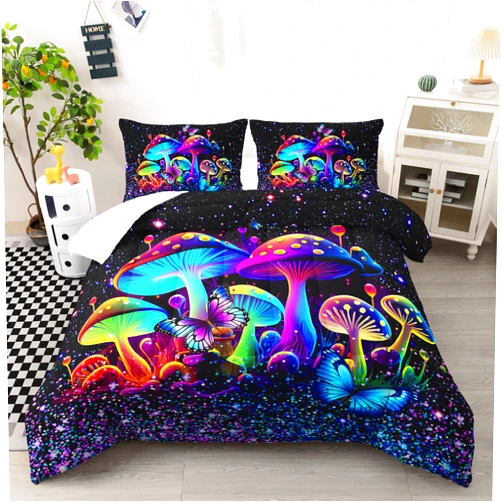 Ntlfup Kids Mushroom Comforter Set, Colorful Sparkle Natural Wild Fungus Bedding Set for Kids Boys Girls, Botanical Plants Duvet Set Butterfly Comforter with 2 Pillowcases Full Size