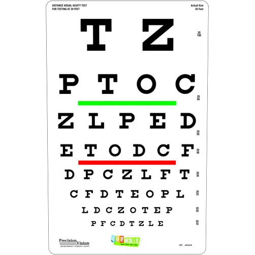 Precision Vision Snellen Peel-N-Stick Eye Test Chart, Red and Green Bar Visual Acuity Test, 6 Meter (20 Foot) Test Distance