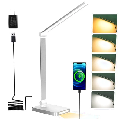Dott Arts LED Desk Lamp with USB Ports,Touch Desk Lamps for Home Office with 5 Color Modes,3 Brightness Desk Light with Small Night Light,Reading Lamp Table LED Lamp for Bedroom Bedsid Study Sliver
