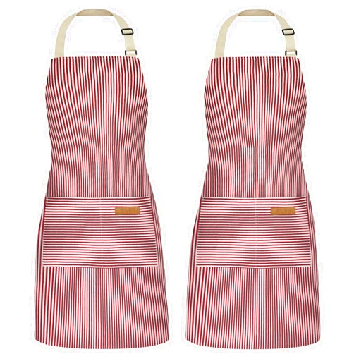 NLUS 2 Pack Cooking Aprons for Women with Pockets, Adjustable Kitchen Bib Aprons Chef Aprons for Women Men(Red Pinstripes)