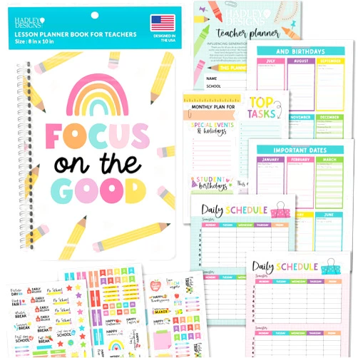 Hadley Designs Teacher Planner 2024-2025 - Colorful Undated Lesson Planner Book with Stickers, Monthly & Weekly Pages, Student & Substitute Info – Homeschool & Classroom Organizer
