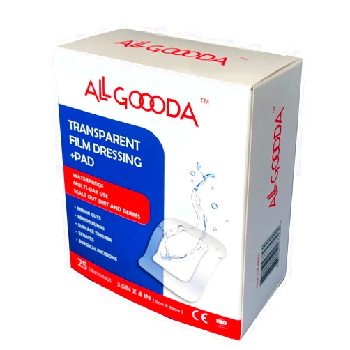 ALL GOOODA Transparent Film Dressing 3.5”x4” (25 Pack) + Absorbent Pad, Waterproof Bacterial Barrier, IV Adhesive Bandages, Tattoo Aftercare, Wound Care, Post Surgical, Hip, Shoulder, Knee Replacement