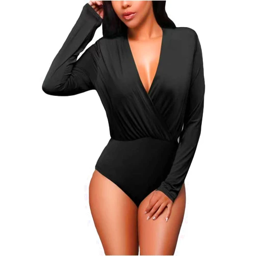 Ludhou Women's Deep V Neck Long Sleeve Bodysuit Cross Wrap Ruched Plunge Jumpsuit Stretchy Leotard Tops