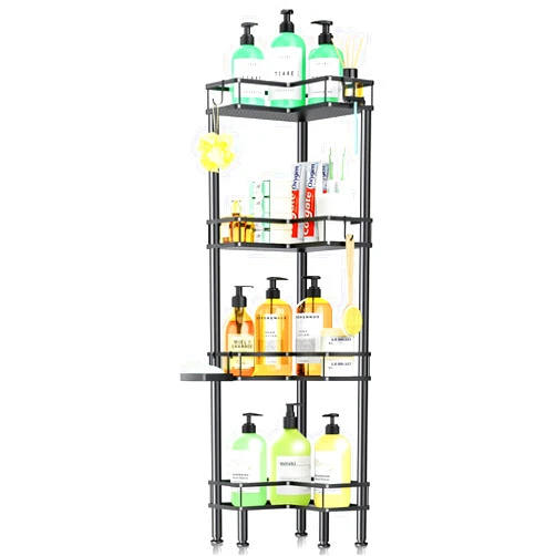 Verdenu Corner Shower Caddy, 4 Tier Standing Shower Caddy for Shampoo Storage with Soap Holder, Stainless Steel Corner Shelf with 4 Hooks, Bathroom Organizers and Storage for Shower Organizer