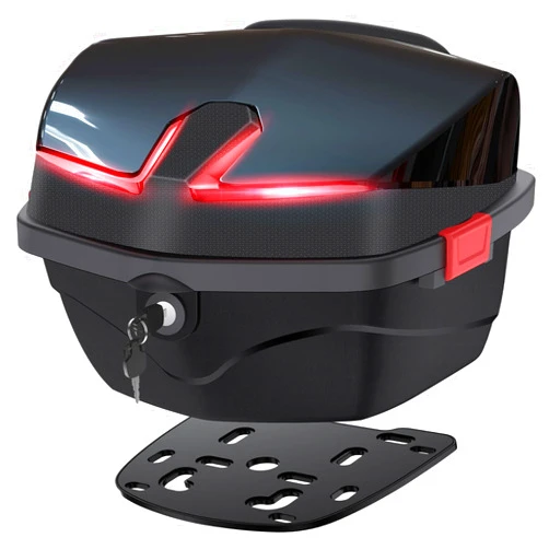 OMOCAS 35L Motorcycle Top Case, Motorcycle Tail Box Trunk Lock Storage Carrier Plastic Waterproof Top Box with Comfortable Contoured Plastic Backrest Universal Mounting for Helmet Luggage (Black)