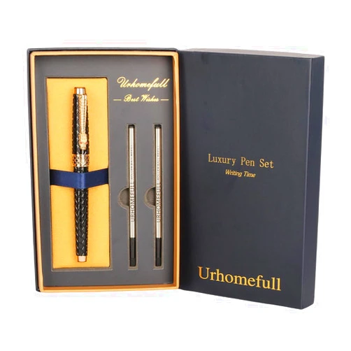 Urhomefull Stunning Luxury Rollerball Pen with 24K Gold Trim,Switzerland Tip with Black Ink Refills, Perfect Roller Ponit Pen Gift Set for Men Women, Fancy Writing Set for Business,Black