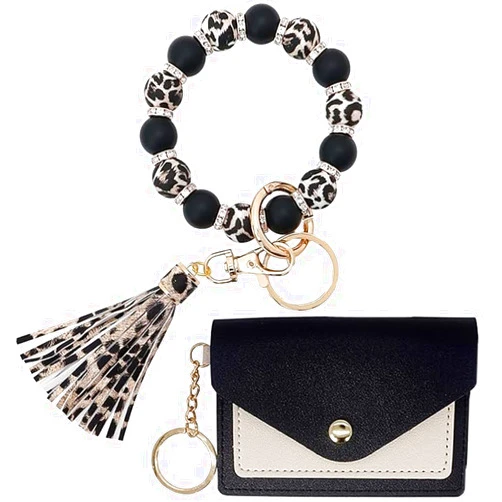 Aolibao Wristlet Keychain Wallets For Women, Silicone Bead Keychain Bracelet Key Ring for Car Keys with Tassel for MOM Gift