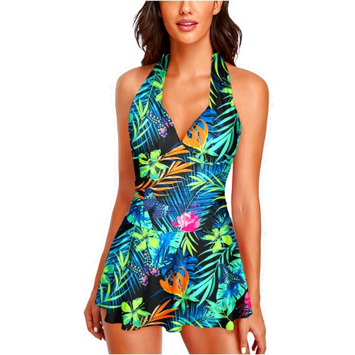 Omichic Womens Halter Tankini Swimsuits Two Piece Tummy Control Bathing Suits V Neck Swimdress with Boyshorts Swimwear