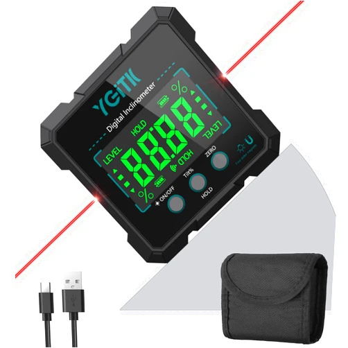 YGiTK Magnetic Digital Angle Finder USB Charging Digital Level Box, Mini Protractor Angle Gauge Meter IP54 Waterproof Inclinometer Level Measuring Tool for Building (Laser Level Class 2, Output<5mW)