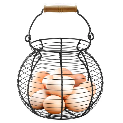 Flexzion Chicken Egg Basket Wire Egg Holder with Wooden Handles for Egg, Fruits, Vegetables Storage, Display Metal Mesh, Basket Holder Countertop for Farmhouse Rustic Kitchen Counter Organizer, Black