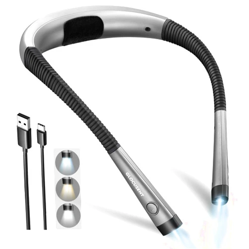 Glocusent Book Light, 3-Color & 6-Brightness Reading Light, Bendable Neck Light, 80-hr Lasting Rechargeable Lamp, Perfect Book Light for Reading in Bed, Knitting, Camping, Repairing, Book Lovers Gifts