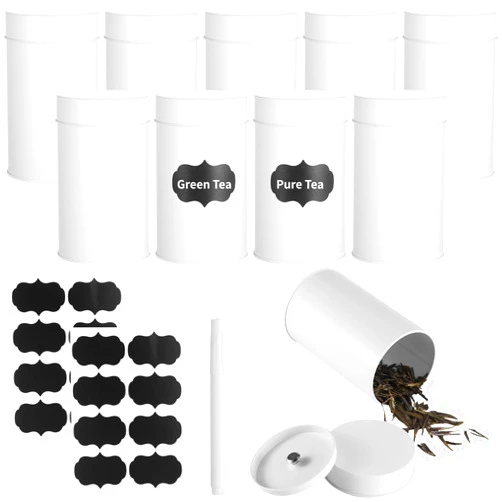 Tideme 10 PCS Tea Tin Canisters, Round White Metal Tea Tin Cans, Airtight Tea Canisters with Waterproof Labels and Maker, Double Tight-Seal Tea Storage Container for Coffee Beans, Spices, Candies