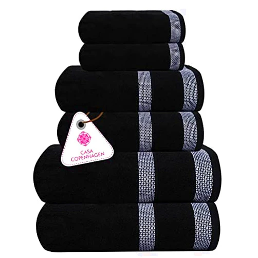 CASA COPENHAGEN Solitaire Designed in Denmark 600 GSM Hotel & Spa Decorative Kitchen & Bathroom Egyptian Cotton 6 Piece Towel Set, Includes 2 Bath Towels 2 Hand Towels 2 Washcloths – Jet Black