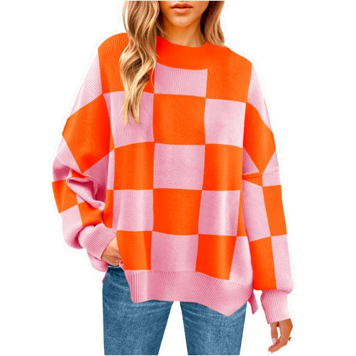 ZESICA Women's Winter Oversized Sweaters Long Sleeve Color Block Mock Neck Side Slit Comfy Loose Knitted Pullover Tops