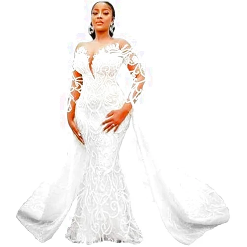 Acecare GREOENEL Amor Plus Size Mermaid Wedding Dresses with Detachable Train Beaded Lace Appliqued African ASO EBI Bridal Gown