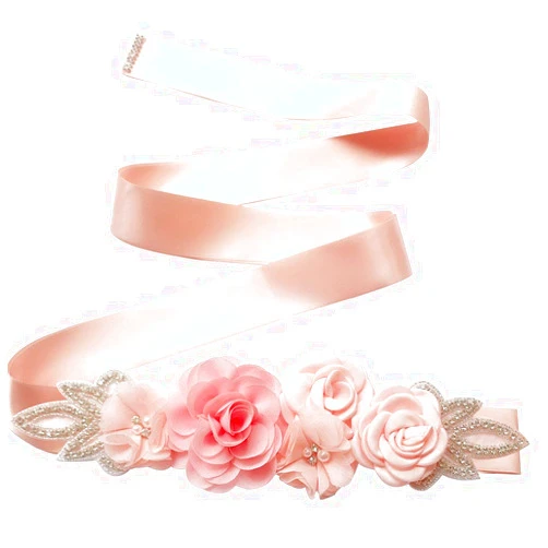 Higohome Bridal Sash Belts Handmade Roses with Pearls Rhinestones Beaded Satin Ribbon Wedding Belt