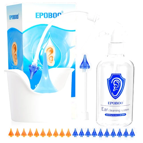 EPOBOO Ear Wax Removal Spray Bottle – Safe & Effective Ear Irrigation, FSA-HSA-Eligible, 500ml Bottle with Big Basin, Drying Bulb, 20 Reusable Soft Tips, Rigid Pipe for One-Person & Flex Tube for Family Use