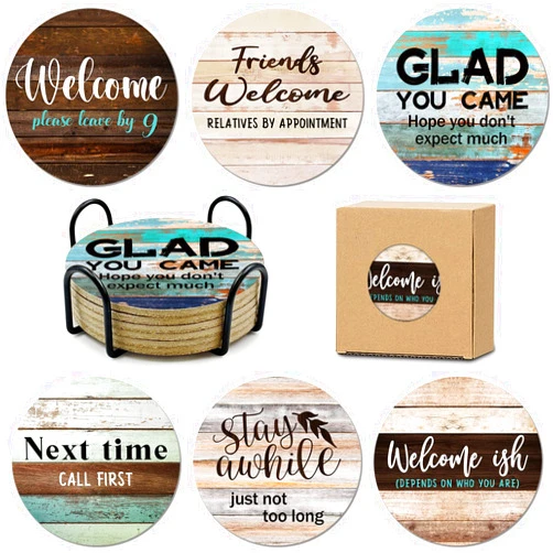 HSSPIRITZ 6 PCS Sarcastic Absorbent Cork Coasters for Drinks,Farmhouse Bar Coasters for Drinks with Holder,Funny Coasters to Protect Your Coffee Table,Gift for New Home Housewarming Bar Decor