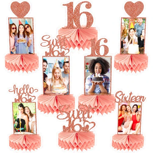 Guiruiy 8Pcs Happy 16th Birthday Decorations Honeycomb Centerpieces for Girls, Pink Rose Gold Glitter Sweet 16 Birthday Photo Table Centerpieces Party Supplies, Pink Sixteen Bday Photo Table Topper
