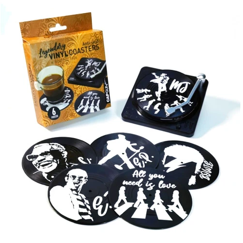 Shennvng Vinyl Record Coasters for Drinks with Record Player Holder, 6 Pcs Retro and Legendary Coasters Set, Funny Coasters for Music Lovers, Housewarming Hostess Gifts, Birthday Gift Ideas