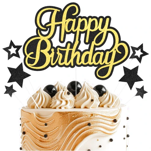 OffiCreative Happy Birthday Cake Toppers for Men, Black Gold Birthday Cake Topper, Glitter Cake Decorations Supplies for Birthday Party, Happy Birthday Cake Decorations