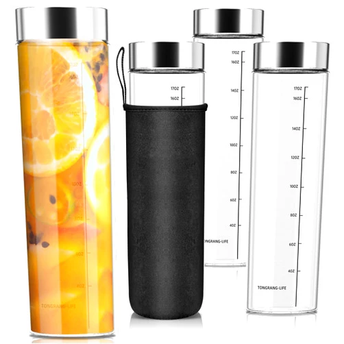 TONGRANG-LIFE 17Oz Glass Juice Bottles with Lids- 4 Pack Wide Mouth Glass Bottles with Lids,Glass Juice Jars with Marking,Reusable Mason Jars,Glass Beverage Storage Jars,Glass Milk Bottles,Glass Shaker Bottles