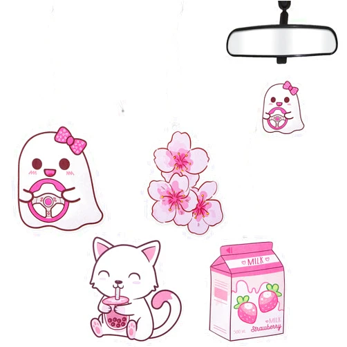 ANGOLIO Car Air Freshener Kawaii Incense Chips Scented Ornament Car Rearview Mirror Pendant 4 Styles and Scents Of Bubble Tea Strawberry Milk Sakura Vent Decoration Cute Aromatic For Party Supplies