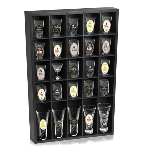 DARCKLE Shot Glass Display Case for Wall, Wood Holds Set of 30 Glasses Shot Glass Holder Display Shelf, 17'' x 12''-3'' x 2'' (Black, 1PCS)