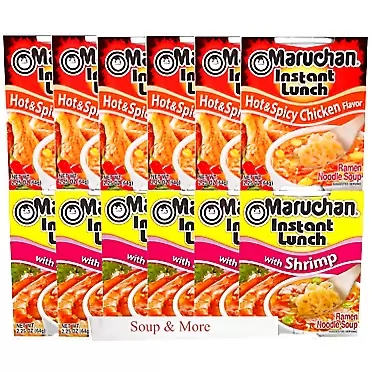 Generic Maruchan Ramen Instant Cup Noodles 12 Count - 6 Shrimp Flavor & 6 Hot & Spicy Chicken Flavor Lunch / Dinner Variety, 2 Flavors
