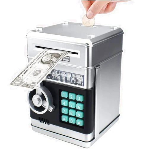 Totola Piggy Bank Electronic Mini ATM for Kids Baby Toy, Safe Coin Banks Money Saving Box Password Code Lock for Children,Boys Girls Best Gift (Silver)