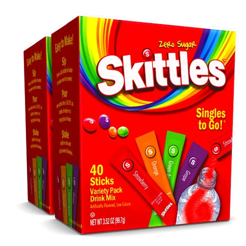 SINGLES TO GO! Skittles Zero Sugar Low Calorie Singles To Go Bulk Variety Pack Drink Mix - 2 Boxes of 40 Sticks Each - 80 Total Sticks - 4 Fruity Flavors: Strawberry, Orange, Green Apple and Grape - PACK OF 2