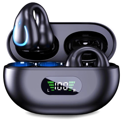BUABMEQ Open Ear Clip Wireless Earbuds Bluetooth 5.3,Sports Bone Conduction Earphones Built-in Microphone with Earhooks,LED Digital Display Charging Case,IPX7 Waterproof Fitness Headphones for Running,Black