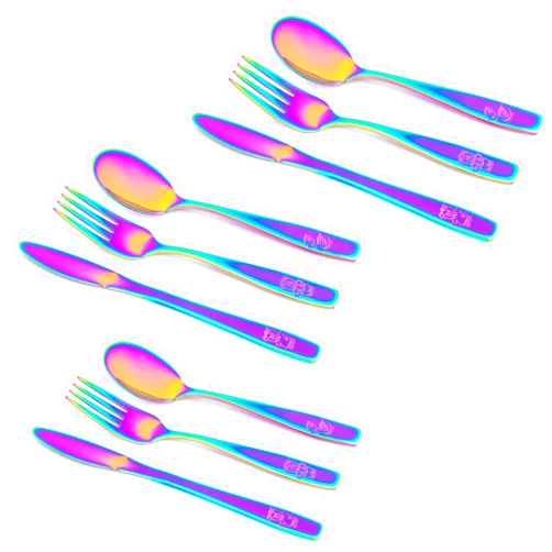 GlossyEnd 9 Piece Stainless Steel Rainbow Kids Cutlery, Child and Toddler Safe Flatware, Kids Silverware, Kids Utensil Set Includes 3 Knives, 3 Forks, 3 Spoons, Total of 3 Settings, Ideal for Home and Preschool