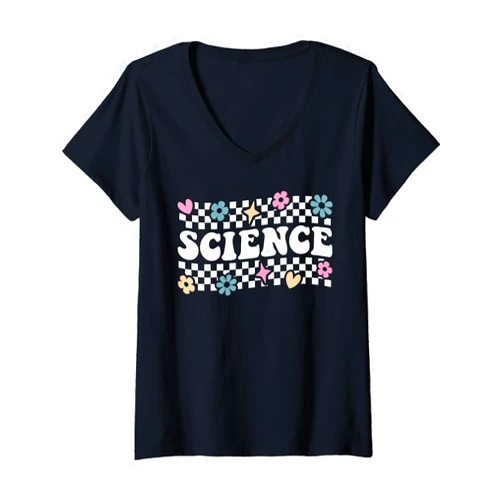 Checkered Groovy Science Tee Womens Science Technology Dept Teacher Team STEAM Engineering Gifts V-Neck T-Shirt