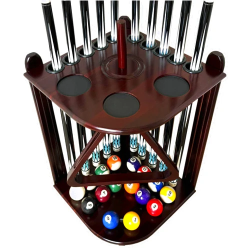 GACCO BILLIARDS Corner Pool Cue Holder Rack Hold 10 Cue Sticks & Billiard Table Accessories. Pool Stick Holder Made of 100% Solid Hardwood with Cone Chalk Holder (Mahogany)