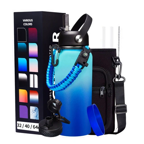 DIGJUPER Stainless Steel Flask Water Bottle - 32oz/40oz/64oz Insulated Water Bottle with Straw & Spout Lids, Paracord Handle, Strap Sleeve, Protective Cup Mat, Wide Mouth Hydro Thermo Bottle Sports Office