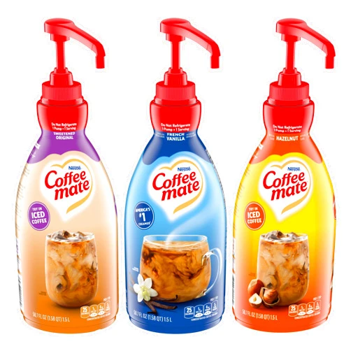 By The Cup Coffee mate Liquid Concentrate 1.5 Liter Pump Bottles, 3 Flavors Sweetened Original, French Vanilla & Hazelnut (Pack of 3) with Coffee Scoop