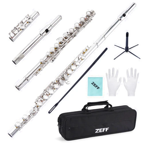 ZEFF Closed Hole C Flute, 16 Keys Instrument for Beginners, Kids, Student, Silver-plated Flute with Case,Stand, Cleaning Kit, Gloves and Tuning Rod
