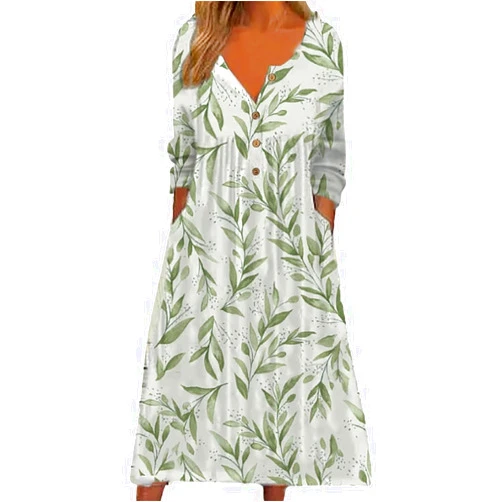 Akivide Women's Button Down V Neck Midi Tshirt Dress Plus Size Boho Summer 3/4 Sleeve Beach Dresses with Pockets 2024