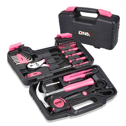DNA MOTORING 39-Piece Household Tool Set General Repair Small Hand Tool Kit Storage Case for Home Garage Office College Dormitory Use, Pink, TOOLS-00009
