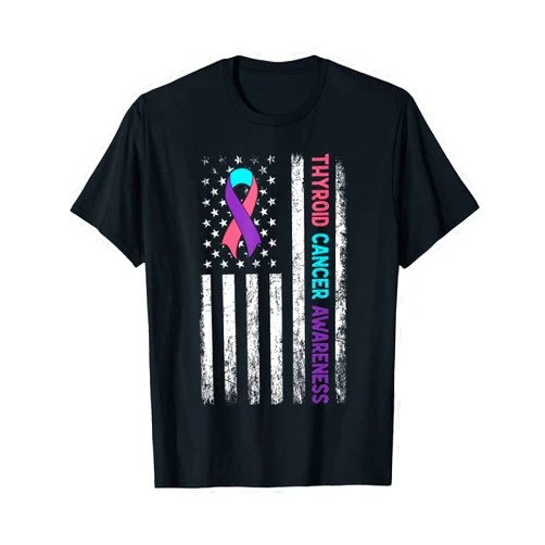 Survivor Thyroid Cancer World Thyroid Day Products Thyroid Cancer Awareness Month American Flag Hypothyroidism T-Shirt