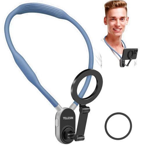Suteng Magnetic Neck Phone Holder, Cell Phone Holder Around Neck POV/Vlog Selfie Mount Hand Free Phones Neck Holder Video Recording Chest Stand for iPhone 15 14 13 12 Pro Max Plus Mini (Blue)